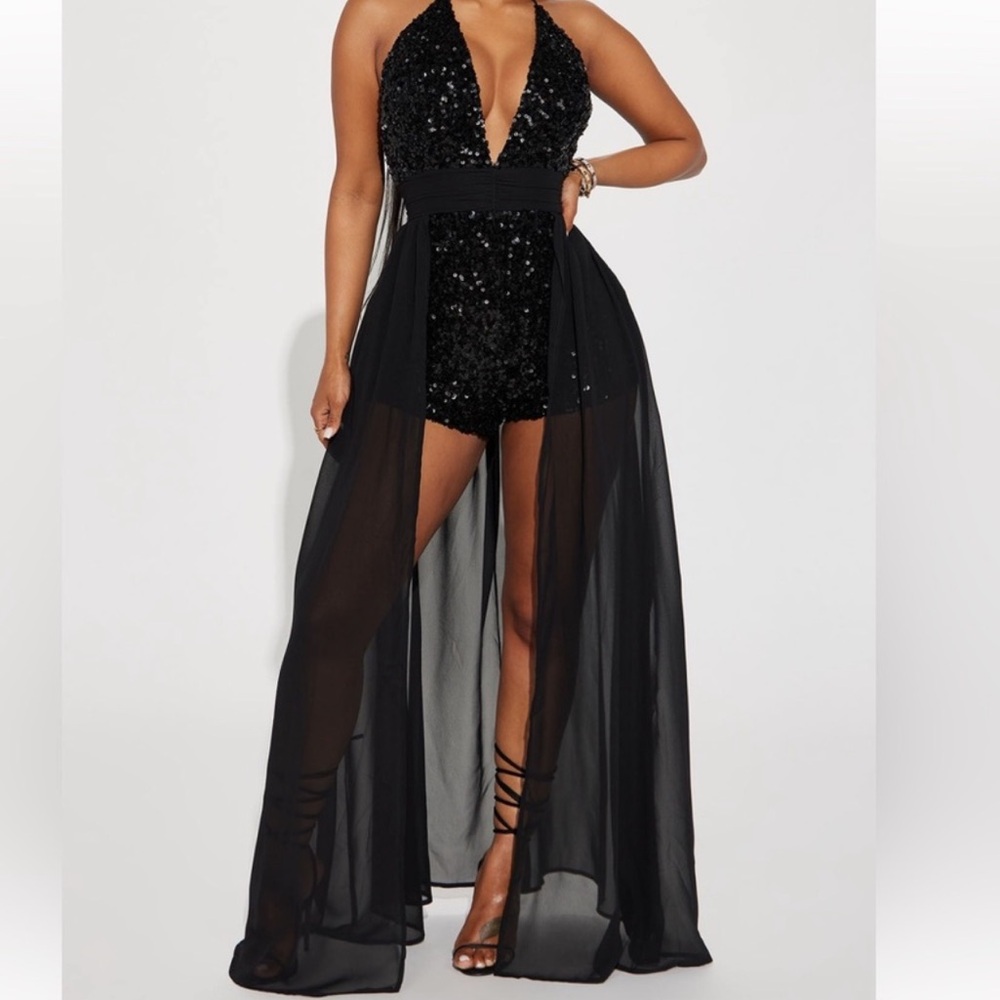 Fashion Nova Black Kyara Sequin Romper with Train Size XS